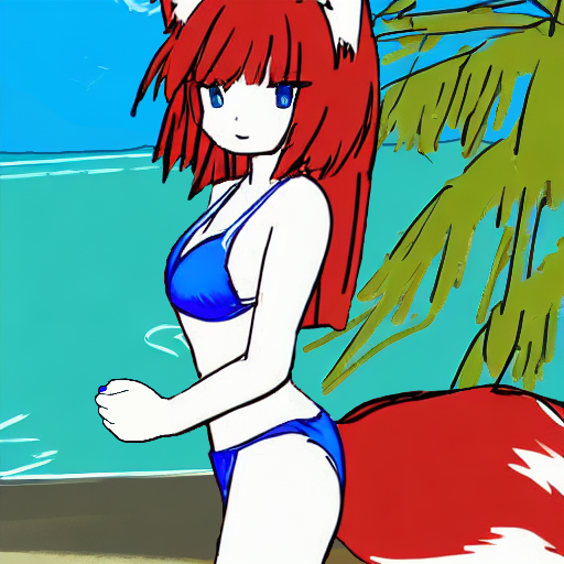 A simple sketch of a fox girl with long red hair and blue eyes in a blue bikini standing at the beach