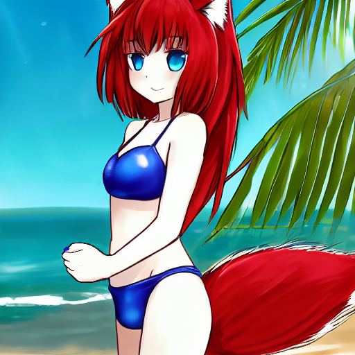 A fox girl with long red hair and blue eyes wearing a blue bikini standing at the beach
