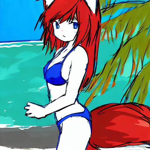 A rough sketch of a fox girl with long red hair and blue eyes in a blue bikini standing at the beach