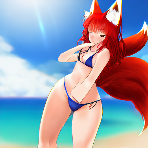 A fox girl standing at the beach in a blue bikini with two tails and messed up hands