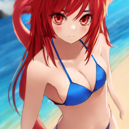 A close-up of a girl at the beach in a blue bikini with some extra hair artifacts behind