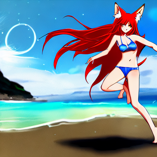 A poorly drawn picture of a fox girl at the beach in a blue bikini standing arkwardly with 3 legs
