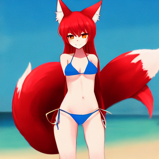 A fox girl standing at the beach in a blue bikini with multiple incorrectly placed tails and no arms