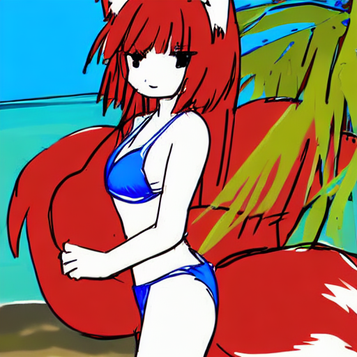 A simple sketch of a fox girl with long red hair in a blue bikini standing at the beach surrounded by extra tail artifacts
